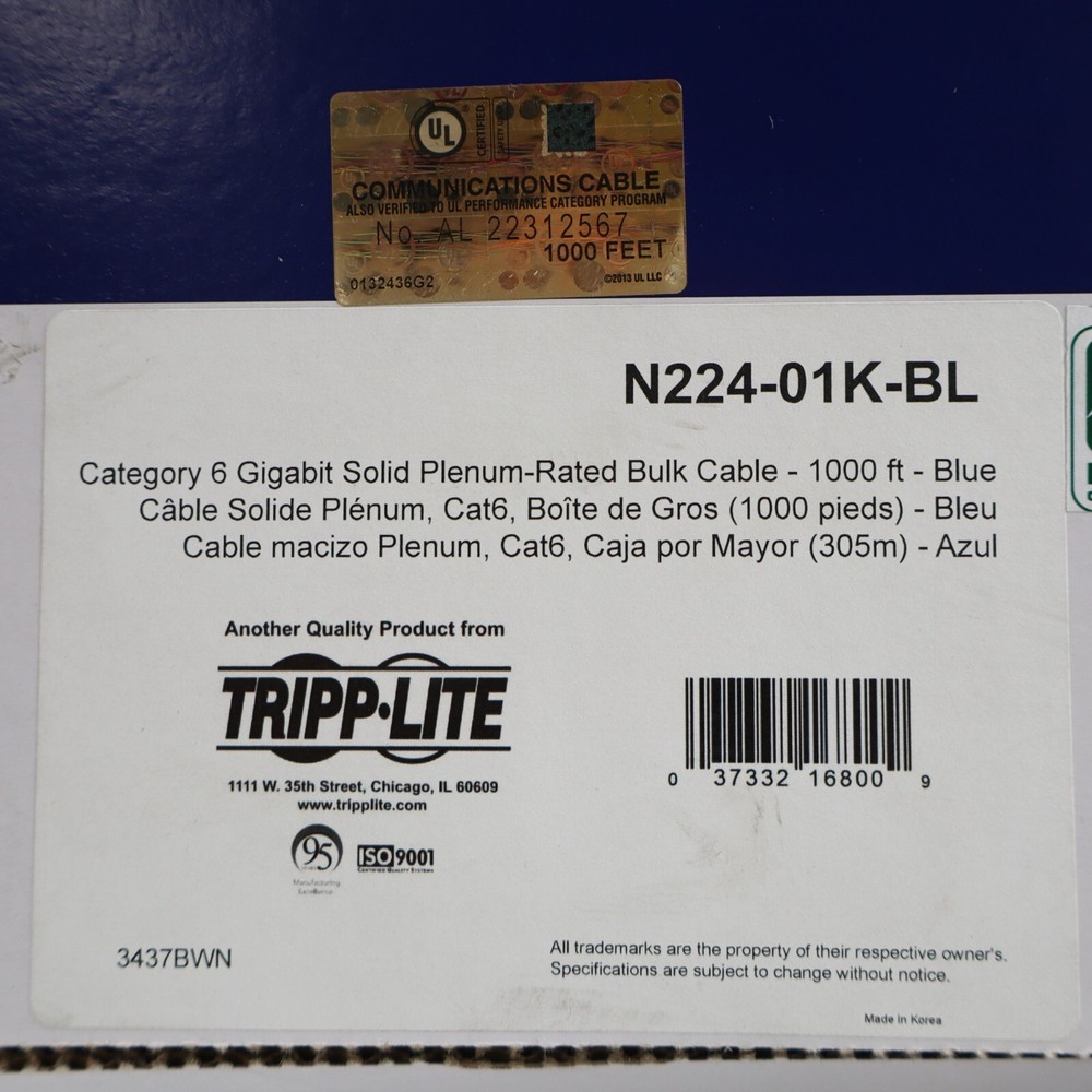 TRIPP LITE Cat6e Bulk Solid-Core Cable, Plenum-Rated PVC Blue 1000' N224-01K-BL