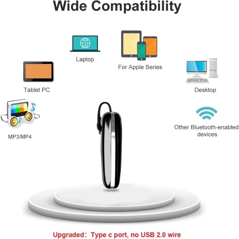 Bluetooth Headset V5.3 Single-Ear Earpiece with Wireless Microphone 48H