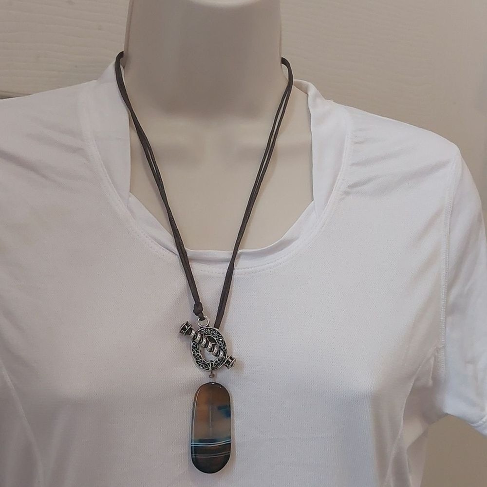 Artisan Multicolor Acrylic Stone Pendant Toggle Clasp Cord Necklace