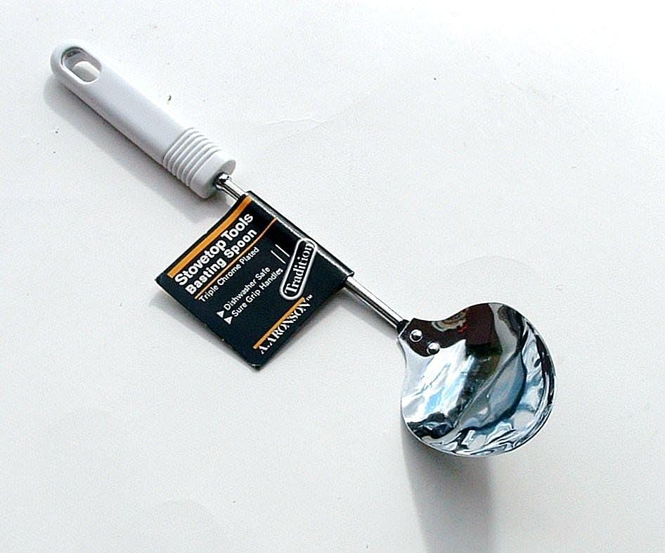 Aronson Basting Serving Spoon Triple Chrome Plated White Handle 12in