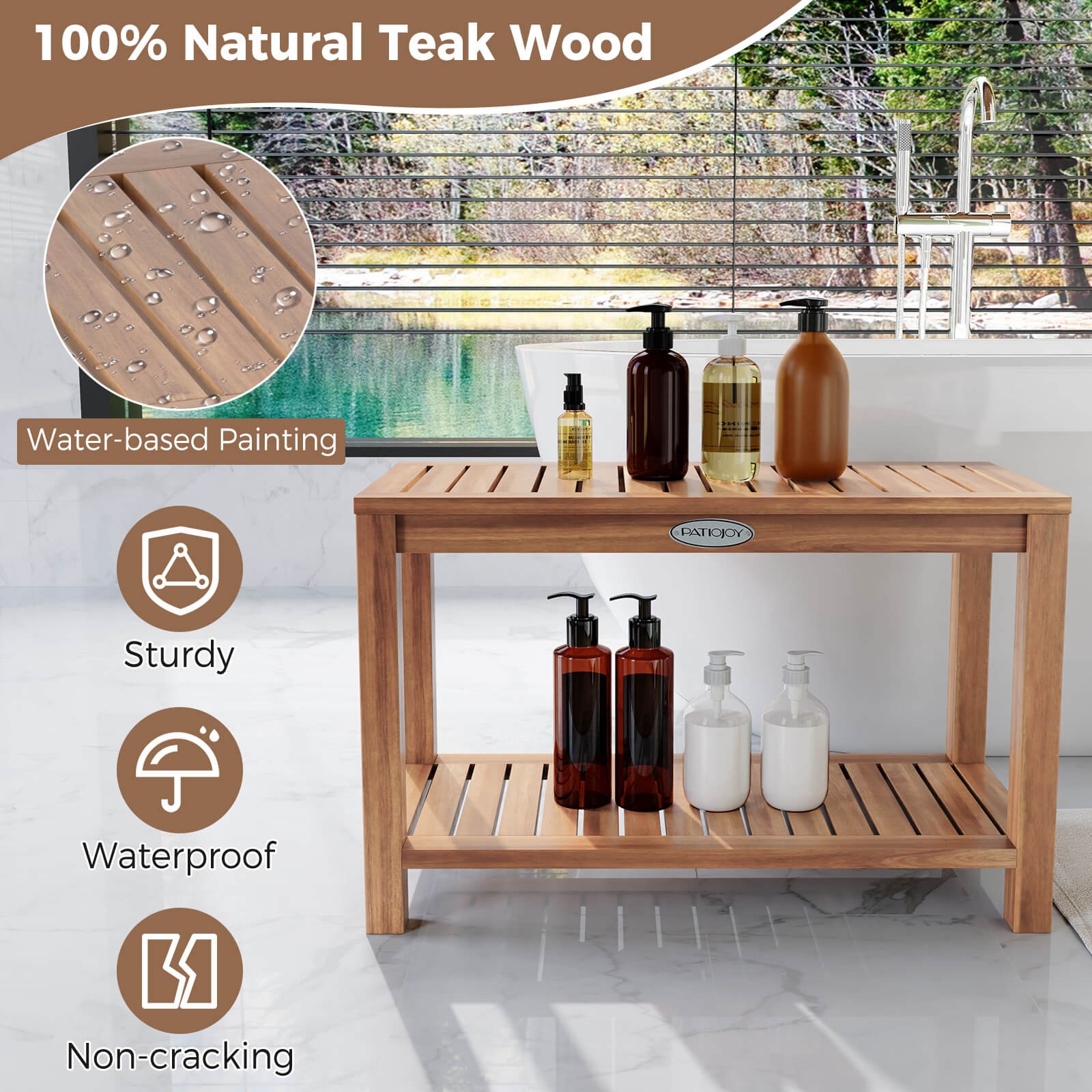 30 Inch Teak Wood Shower Bench Inside Shower Stool with Storage Shelf for Adults