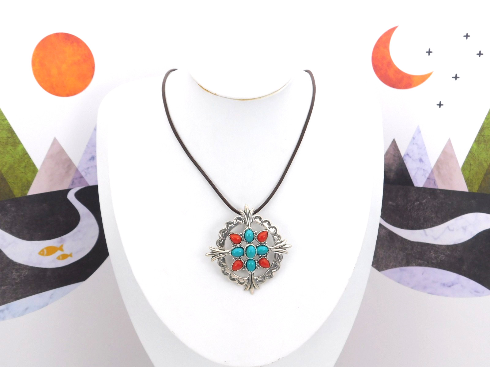 Beautiful Carolyn Pollack Sterling Leather Necklace + Multi-Stone Pendant
