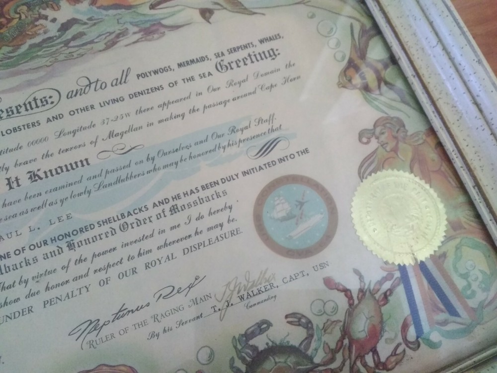 FRAMED 1962 Issued Shellback Imperium Neptuni Regis Certificate Paul E. LEE