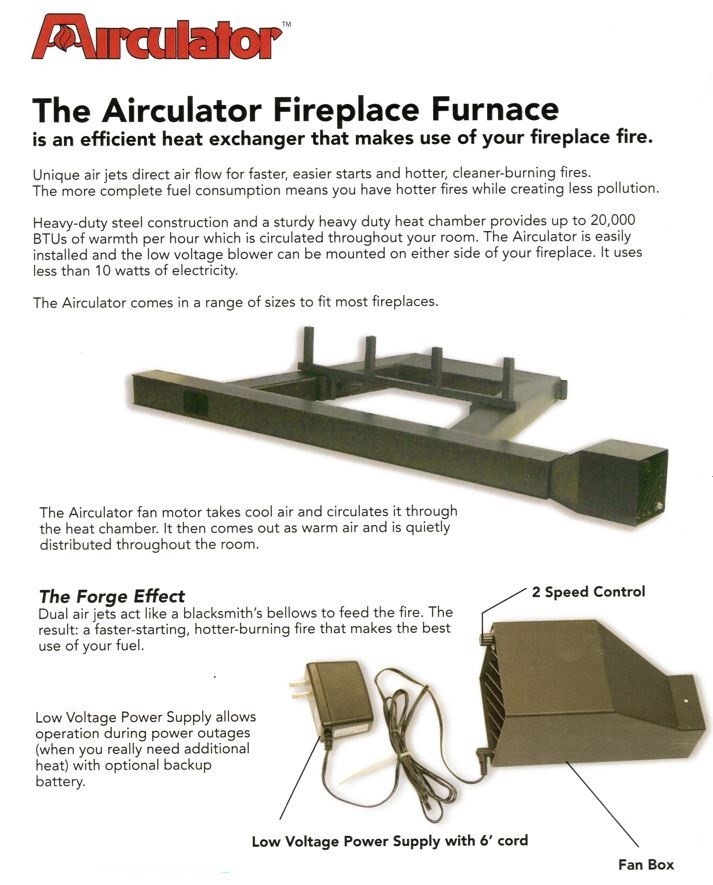 Airculator Masonry Wood Fireplace Blower Heat Exchanger Add 20K Btu's HE14501