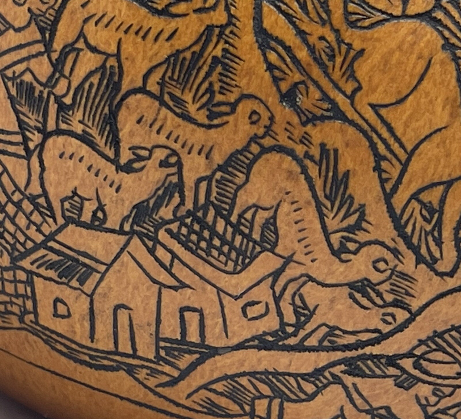 Vintage Peruvian Story Telling Gourd Finely Detailed Hand Carved Rattle