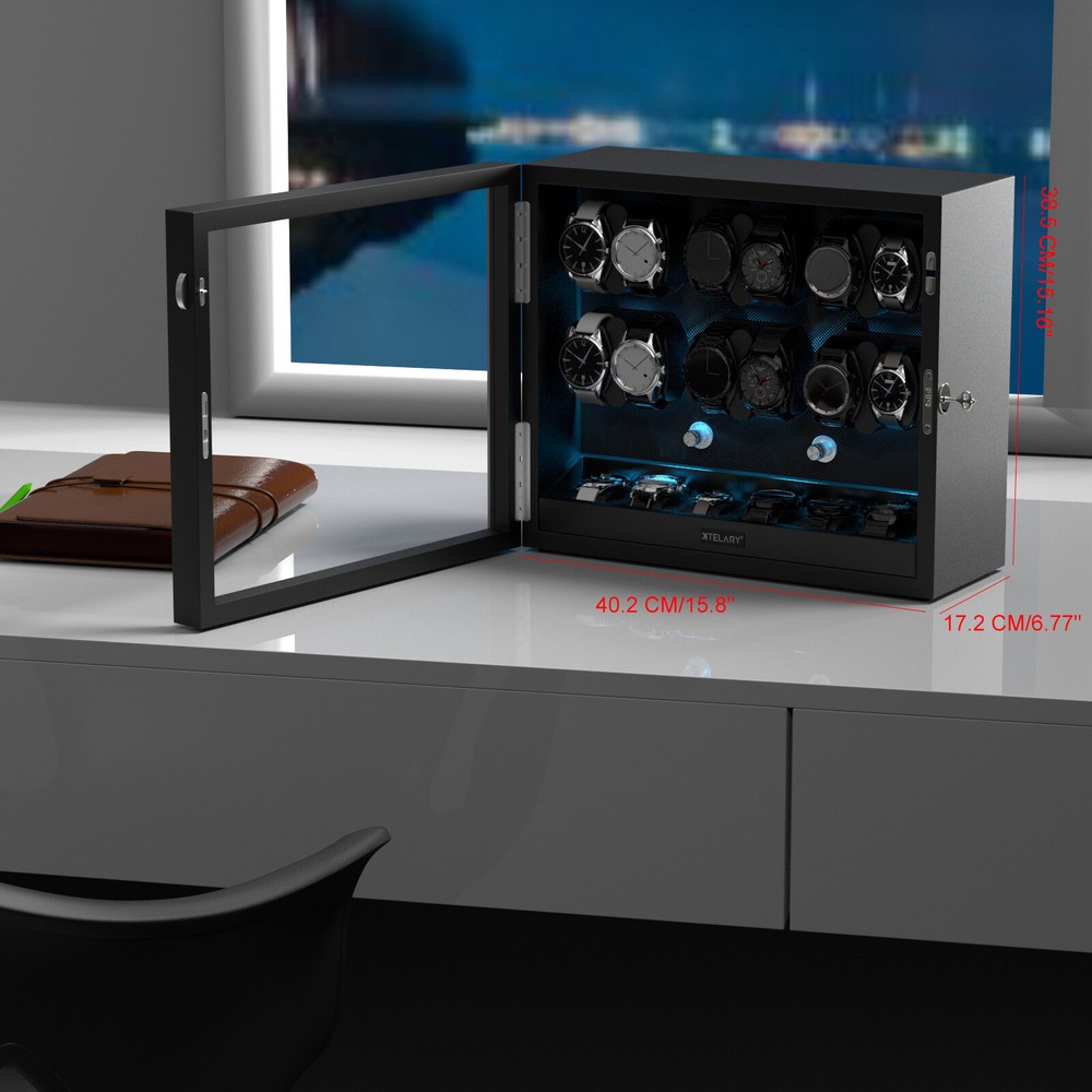 Automatic 12 Watch Winder Display Case With Blue LED Light With 6 Storage Box