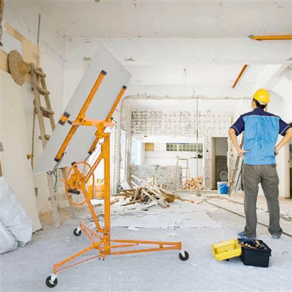 11 FT Drywall Rolling Lifter Panel Hoist Jack Lifter with Lockable Wheels Yellow