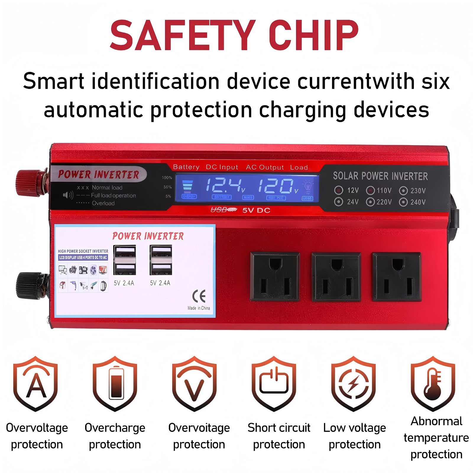 Car Power Inverter 5000W DC 12V To AC 110V Pure Sine Wave Solar Converter 4 USB