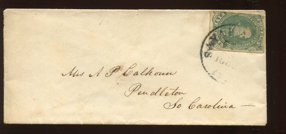 Confederate States 1 Used on Cover SAVANNAH GA TO PENDELTON SC LV5018
