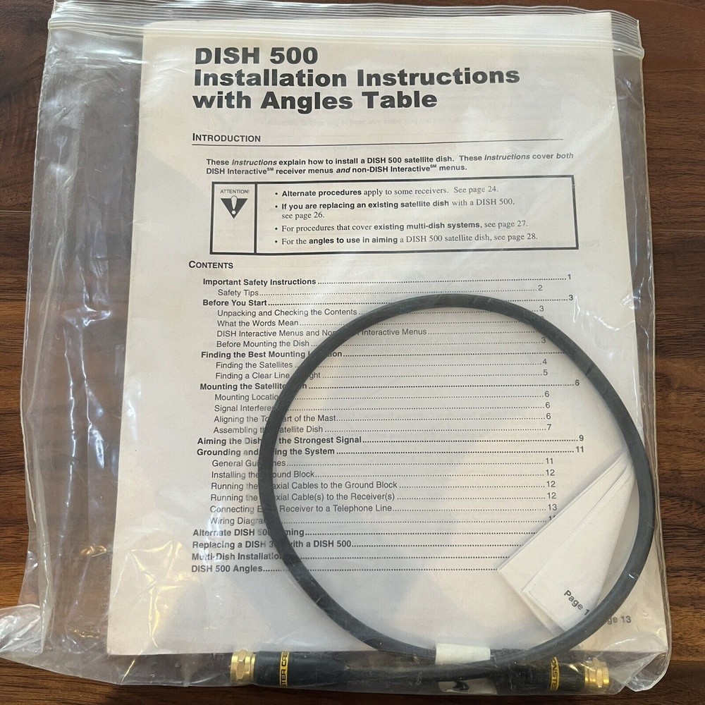 Dish 500 Installation Instructions with Angles Table and Cable