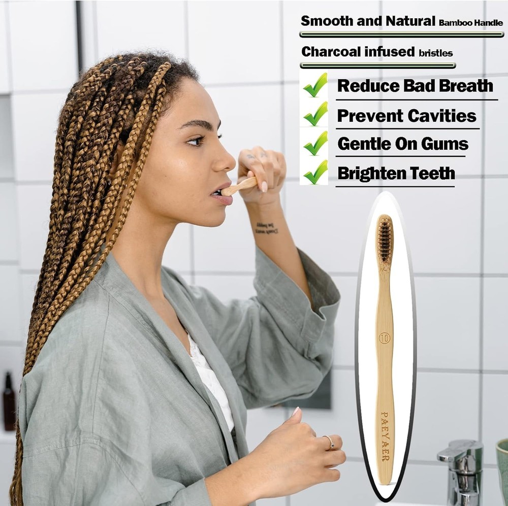 Bamboo Toothbrushes 10 Pack Biodegradable Soft Medium Charcoal Bristles