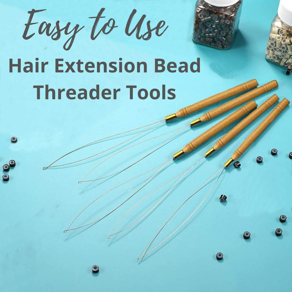 5 Wooden Hair Extensions Loop Needle Threader Wire Pulling Hook Tool for Silicon