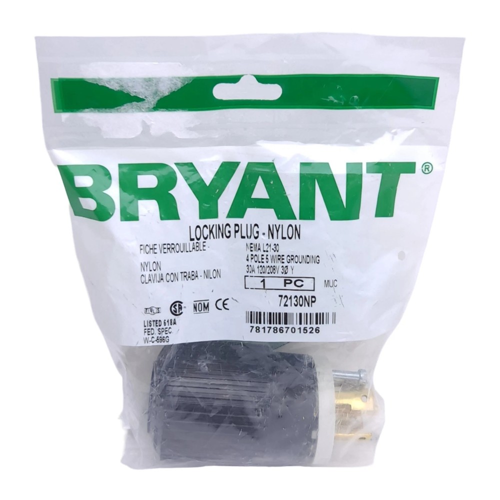 Bryant 72130NP Locking Blade Plug, 30A, 120/208VAC, 3-Phase, 4-Pole, 5-Wire NEW!