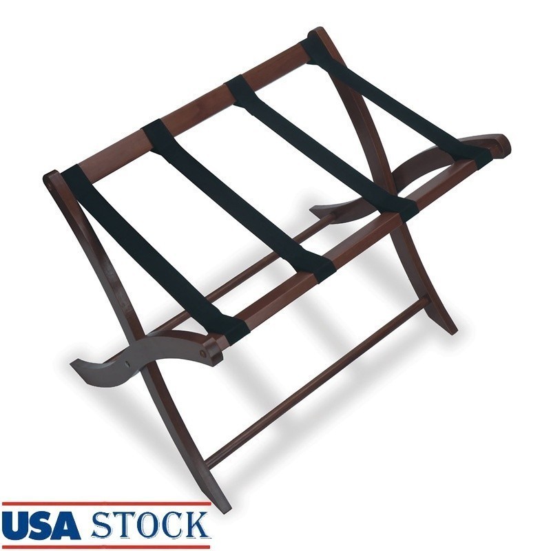 Folding Luggage Rack Portable Solid Wood Guest Storage Space Saving Nylon Straps