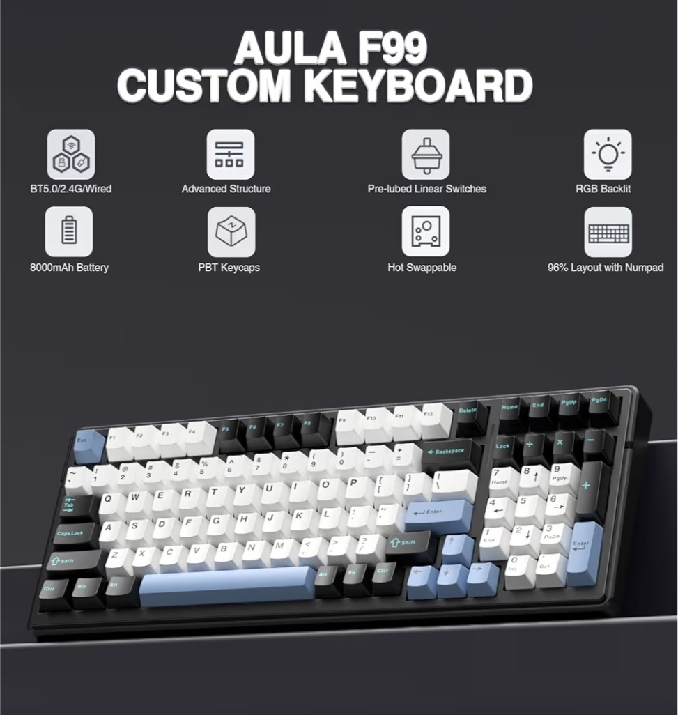 AULA F99 Wireless Mechanical Keyboard,Tri-Mode BT5.0/2.4GHz/USB-C Black&Blue&Whi