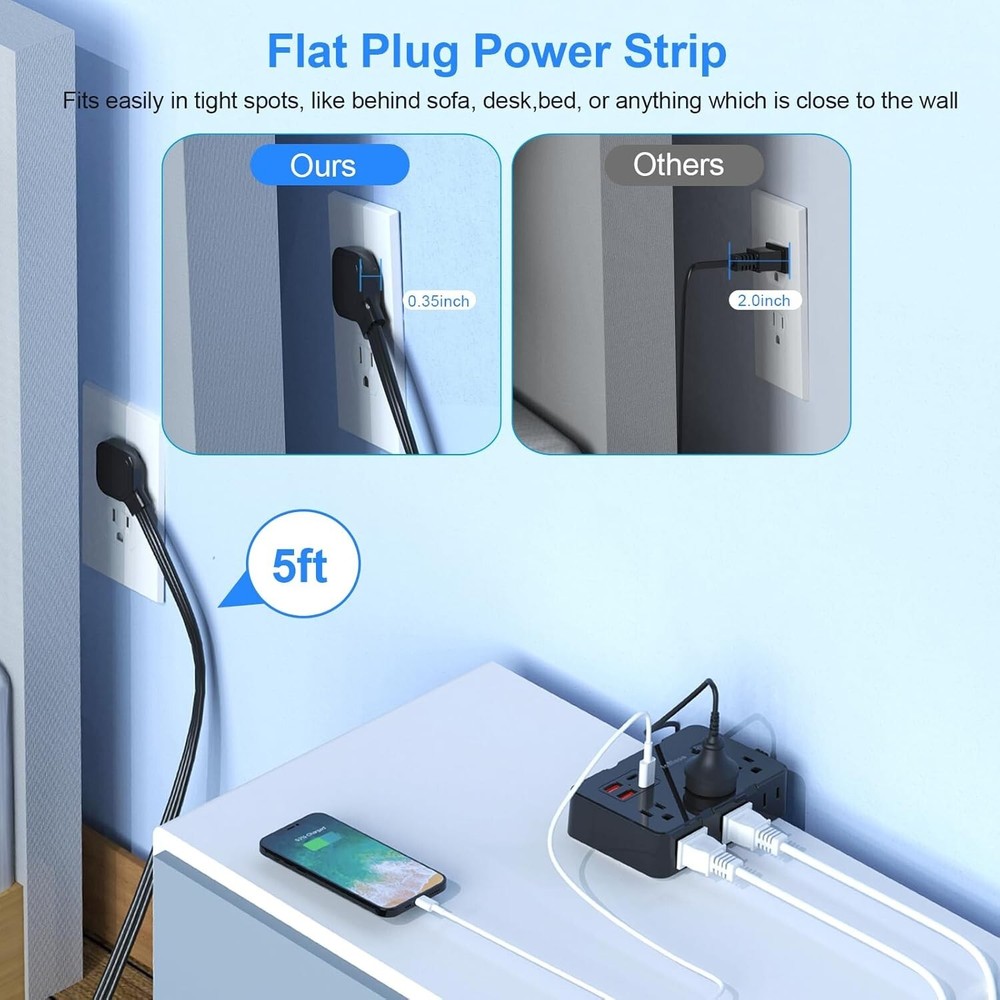 Flat Plug Power Strip Surge Protector, 5Ft Ultra Thin Extension Cord with 4 USB