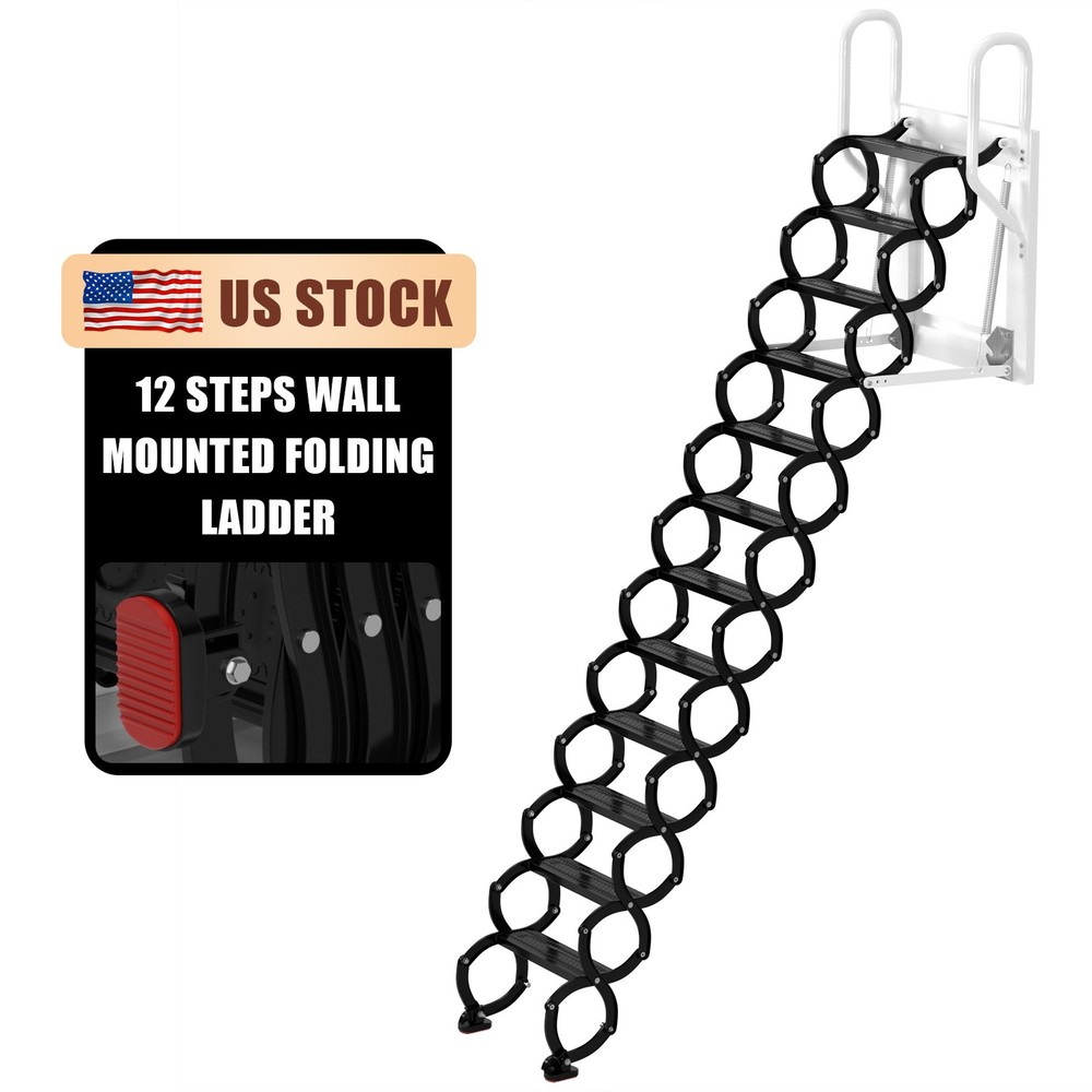 Wall Mounted Folding Ladder Black Loft Attic Stairs Pull down 12 Steps👍