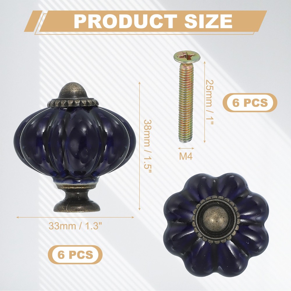 6 Packs Ceramic Knobs, Pumpkin Ceramic Cabinet Drawer Knobs, Blue