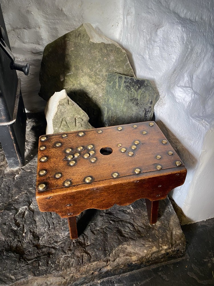Unusual Antique 19th C. Solid Mahogany Stool With Brass Studs & Initials ‘R.V’