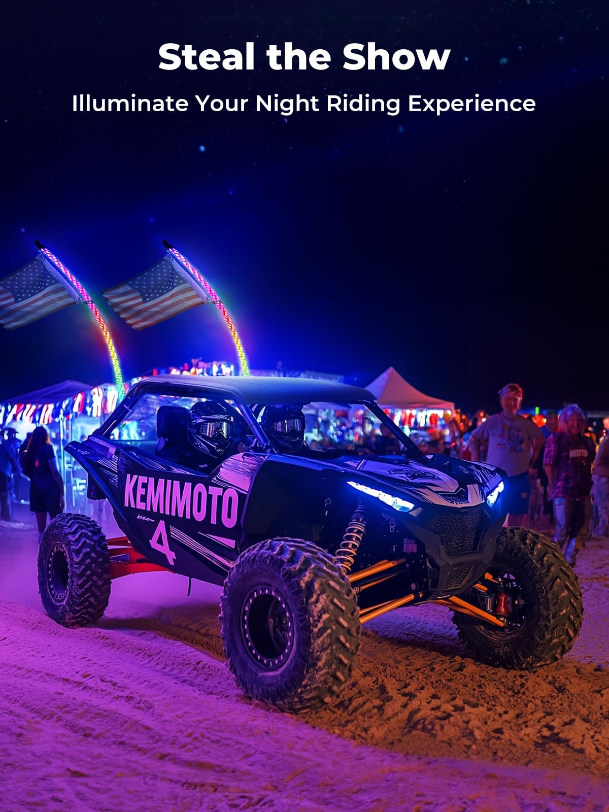 KEMIMOTO 2pc 3ft Bluetooth RGB LED Whip Lights for UTV ATV, Turn Signal Function