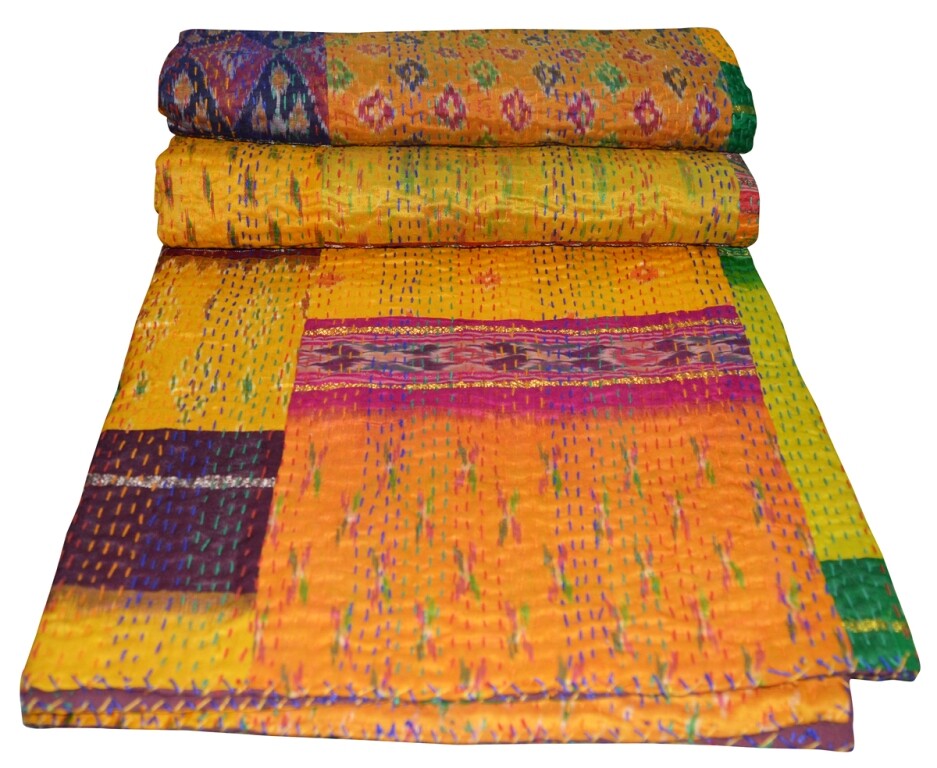 Indian Kantha Twin Quilt Handmade Patchwork Reversible Bedspread Blanket Throw