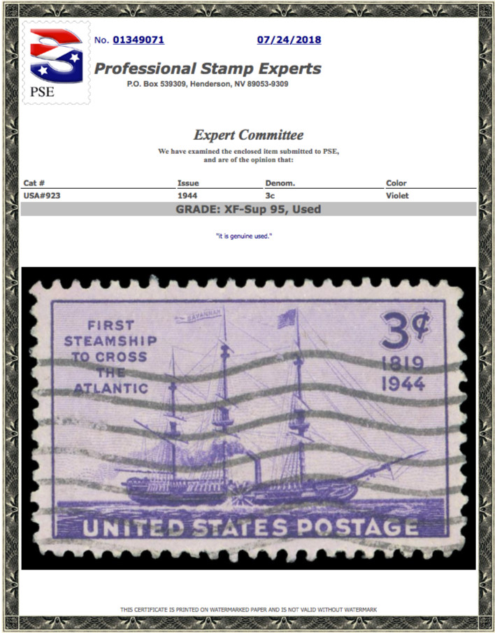 #923 Used, PSE Graded 95, Cert # 01349071