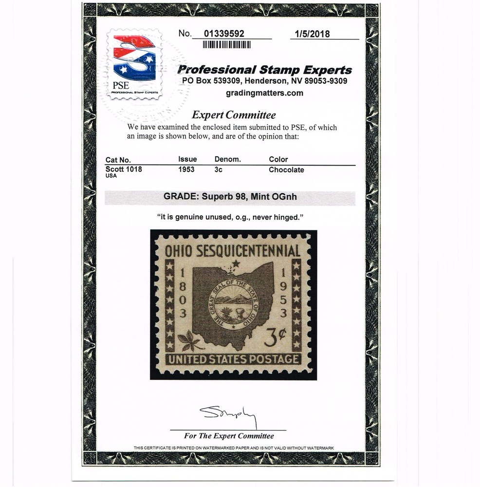 EXCEPTIONAL GENUINE SCOTT #1018 MINT PRISTINE OG NH PSE CERT GRADED SUPERB 98