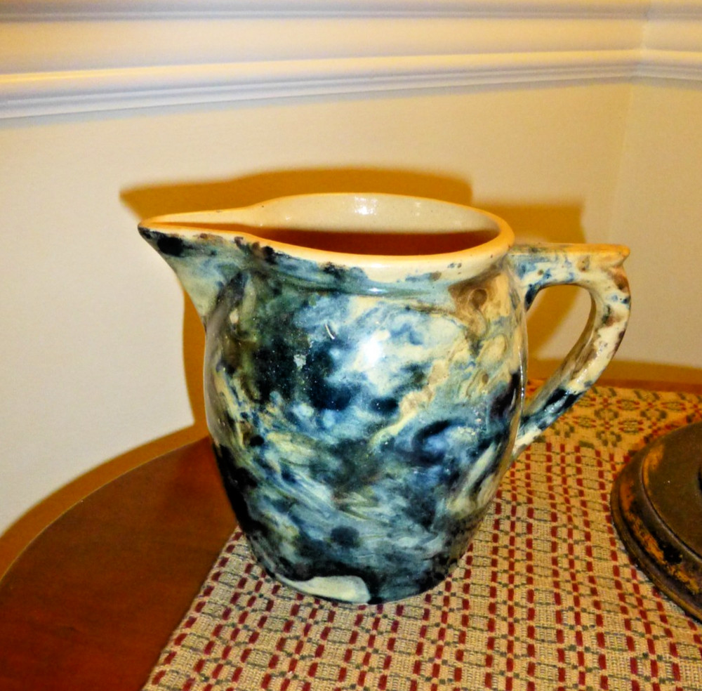 Antique Blue marbleized /sponge Yellowware Pitcher - Austria