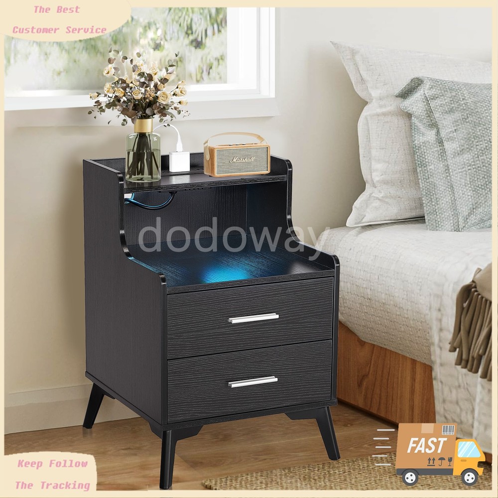2 Set Black Bedside Table Nightstand End Side Table With USB Charging Station