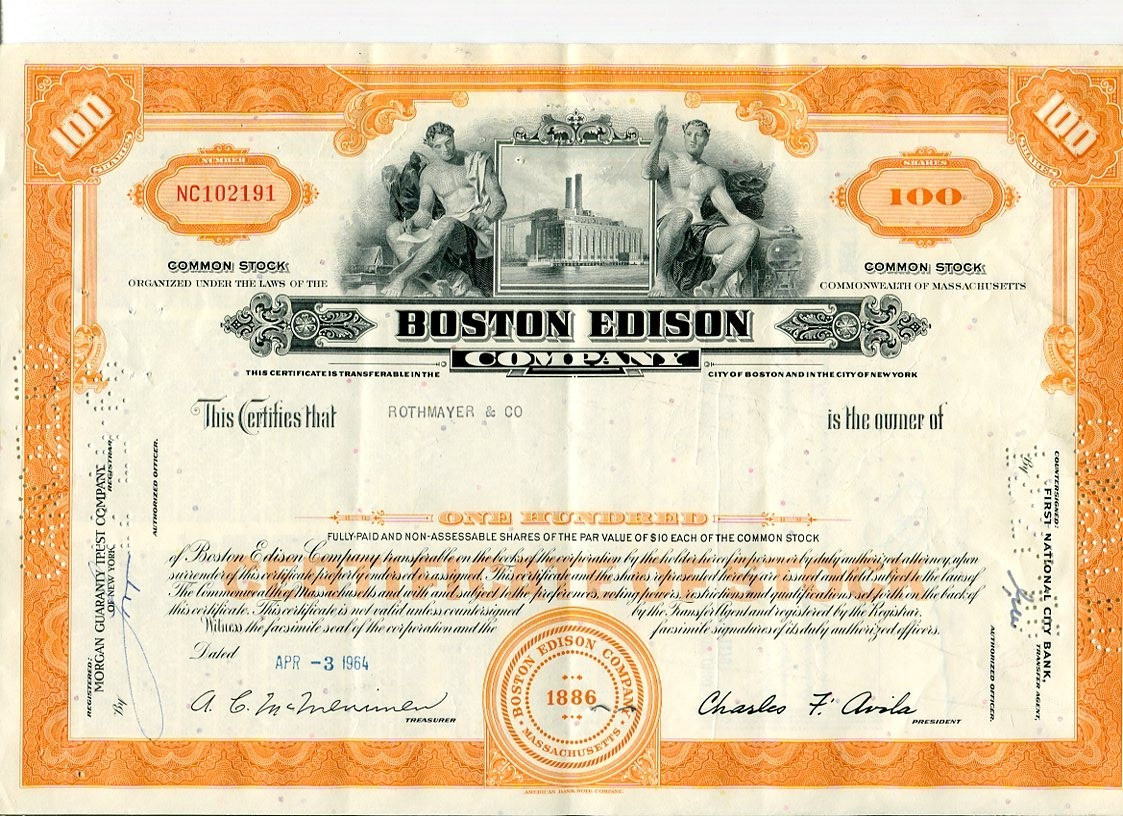 Boston Edison Co - Original Stock Certificate - 1964 lotmar4638