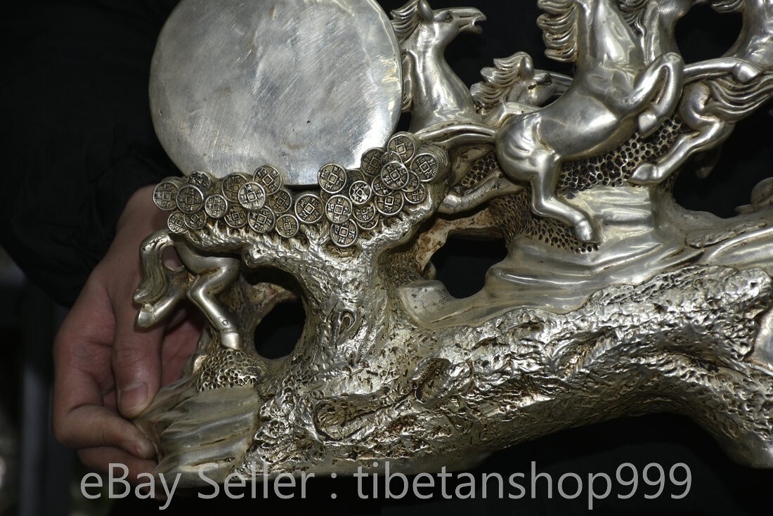 14.8" Rare Old Chinese Dynasty Silver Fengshui 12 Zodiac 8 Horse Word Statue