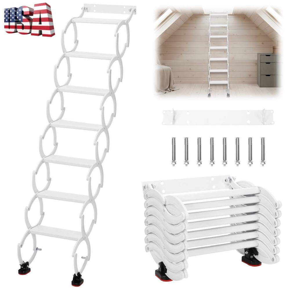 5-8 Steps Wall Mounted Folding Ladder Attic Ladder Pull Down Telescopic Stairs