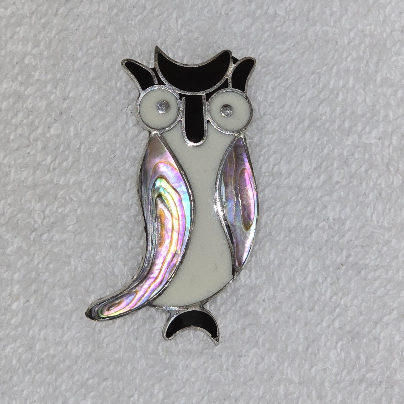 Vintage Brooch Pin Alpaca Mexico Abalone Shell Owl .75" x 1.5"