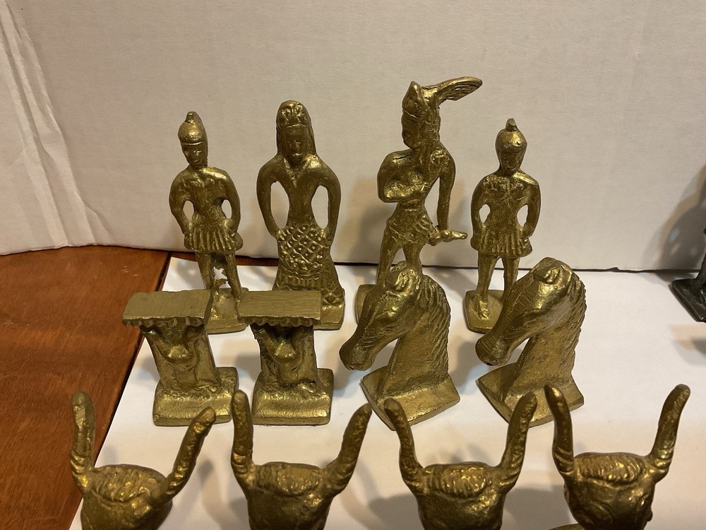 Vintage Solid Cast Brass Chess Pieces Set Greece Roman Unique