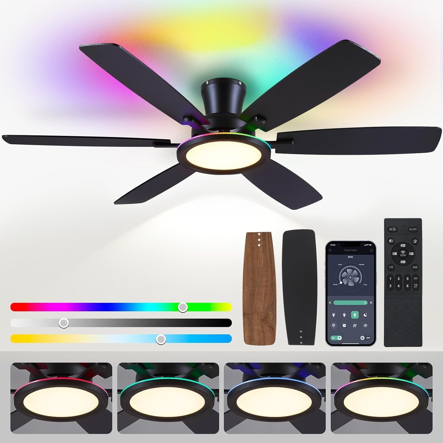 Kviflon 55in Flush Mount Ceiling Fan with RGB Light Low Profile Remote APP