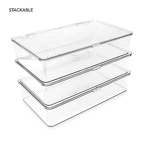 Stackable Clear Organizer Bin with Hinged Lid - 10.75"x6.5"x2.4" Storage Box for