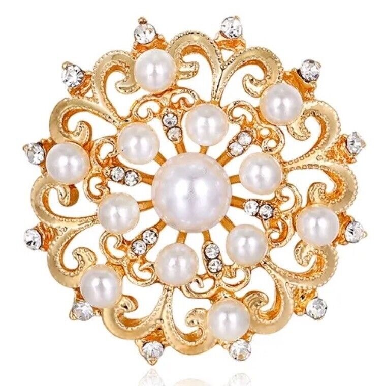 Brooch Simulated Pearl & Clear Crystals Gold Tone