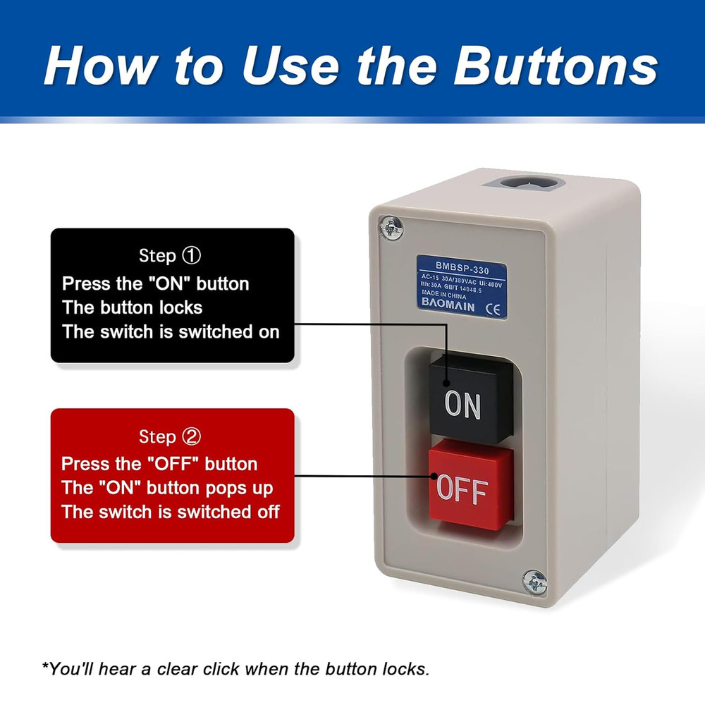 Baomain Self-Locking Push Button Switch 3-Phase 30A 3.7KW, Industrial 3-Pole Hea