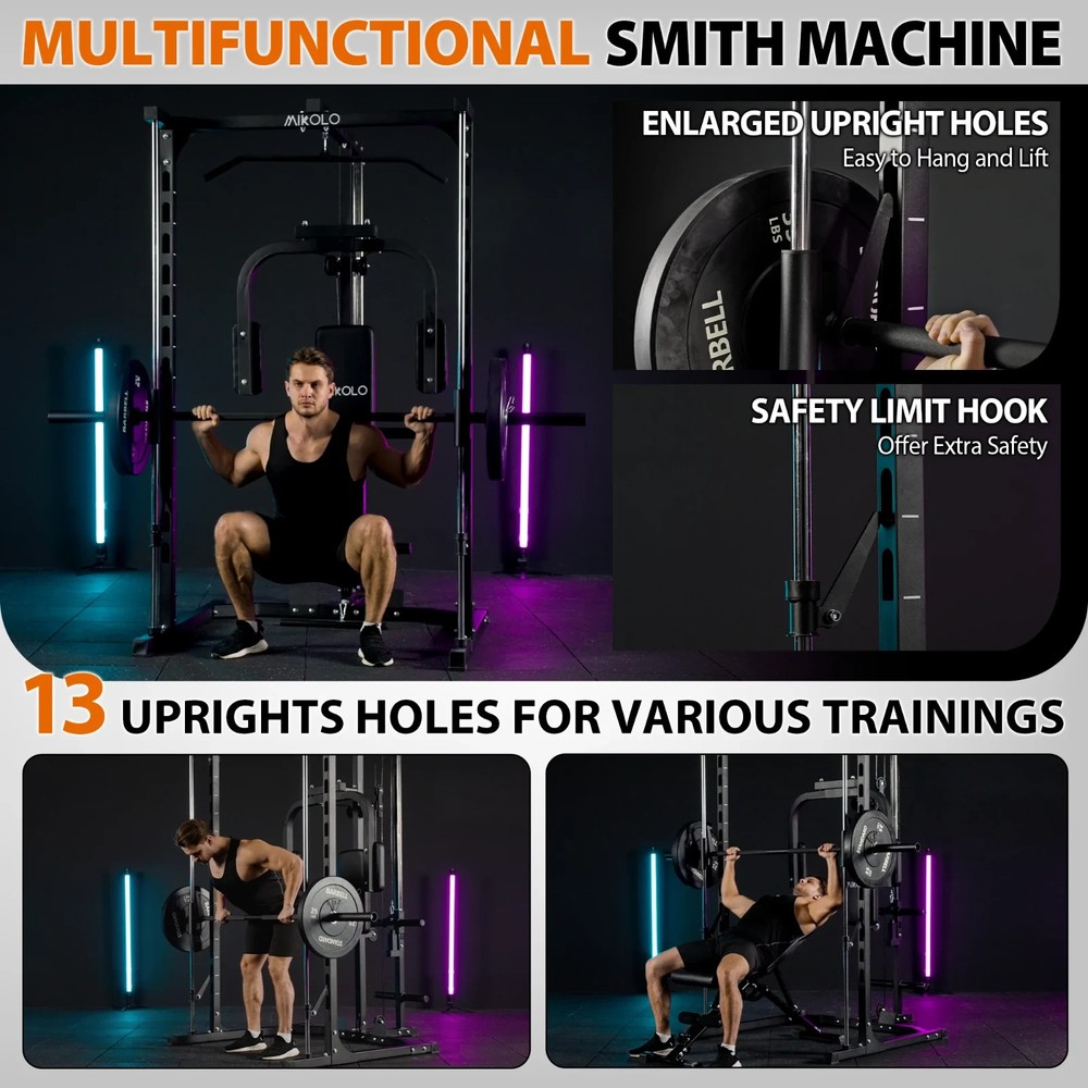Smith Machine Home Gym Power Rack w/ Pec Deck Lat Pulldown & Low Row