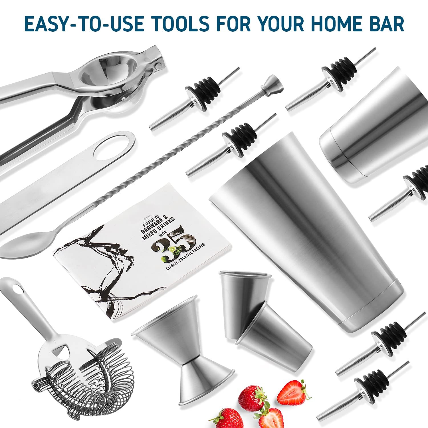 Bar Set Cocktail Shaker Set, Stainless Steel Mixology 16 Piece, Silver