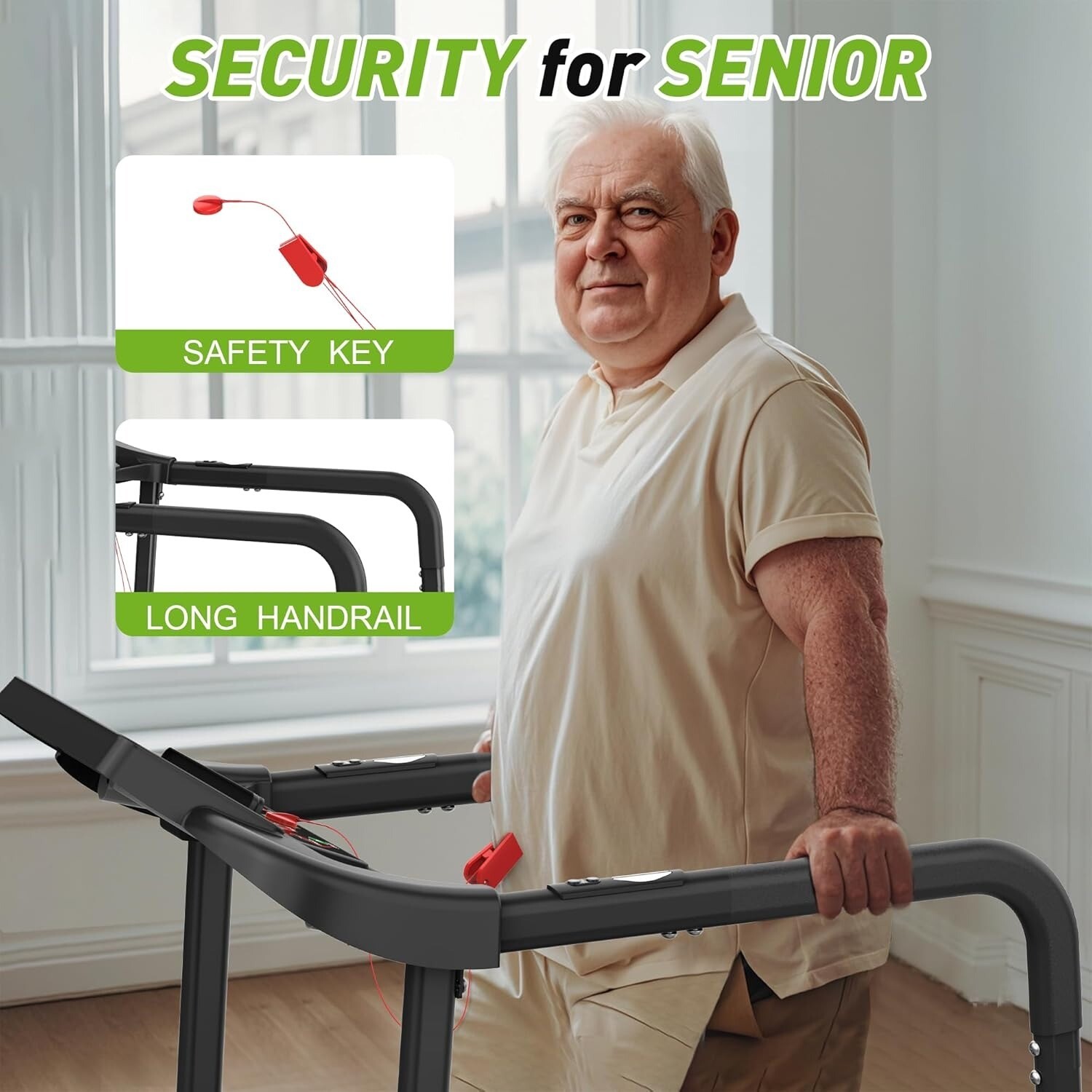 Walking Treadmill for Seniors with Extended Handrails & Deck APP Control 300 LBS