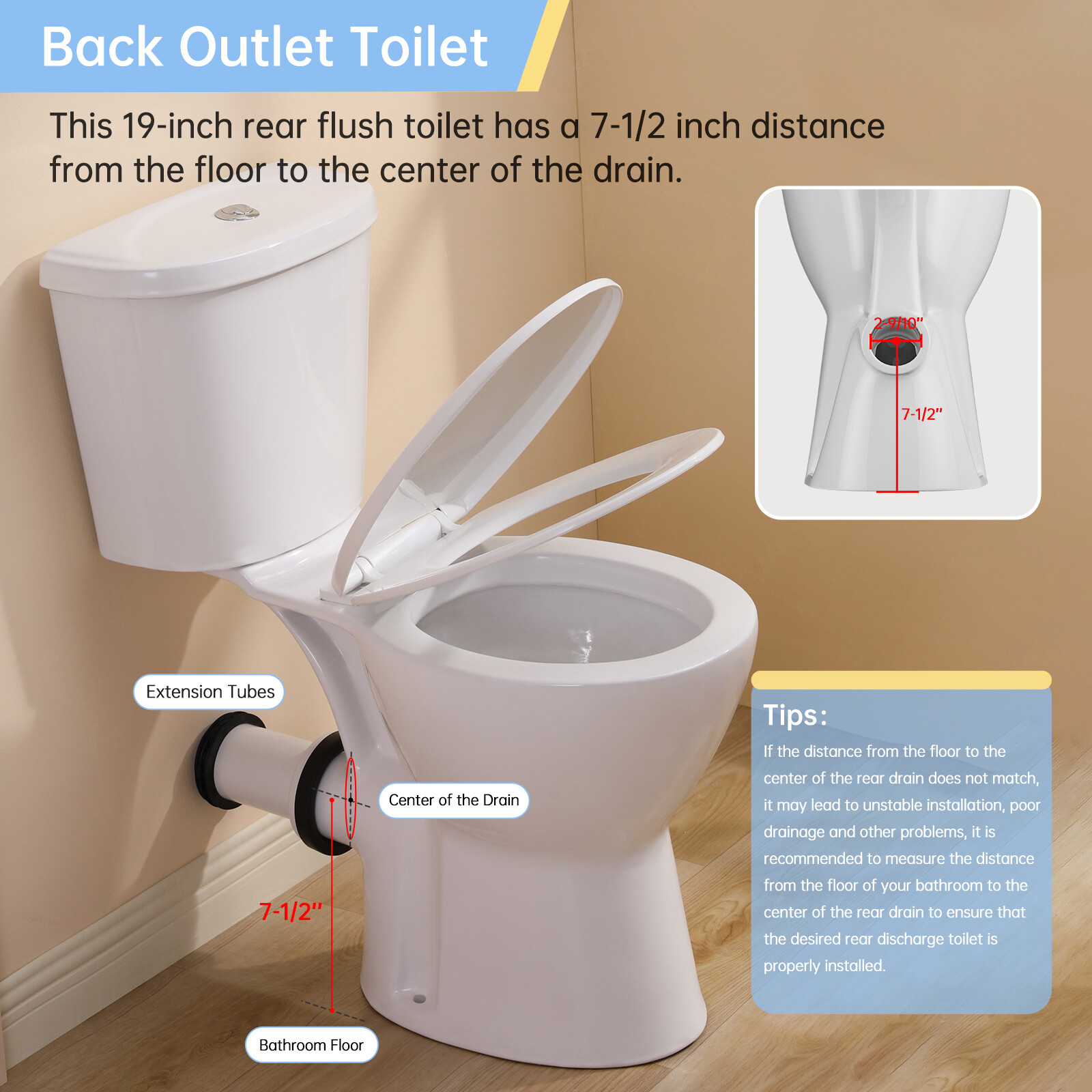 19" High Rear Outlet Toilet Dual Flush Round for Seniors Handicap Tall Users