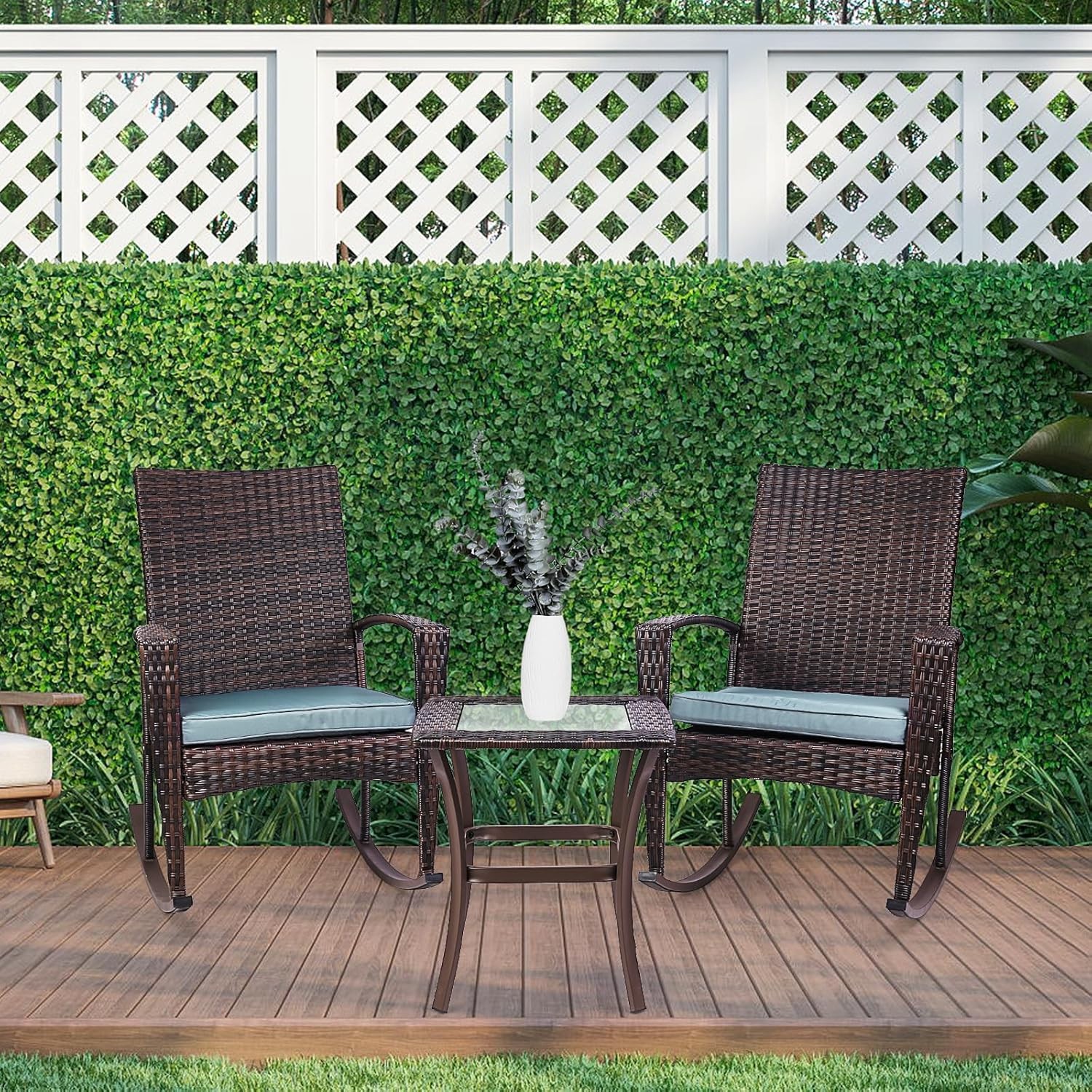 Patio Rattan Rocker With Cushion Outdoor Wicker Rocking Chair & Table Furniture