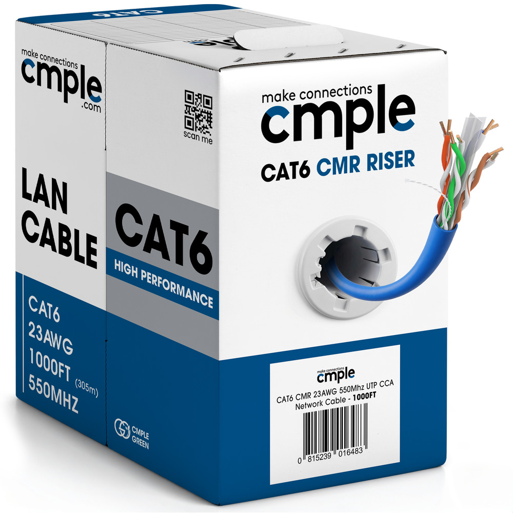 Cat6 Plenum Ethernet Cable 1000ft CMP 550MHz Solid Wire Bulk Ethernet LAN Blue