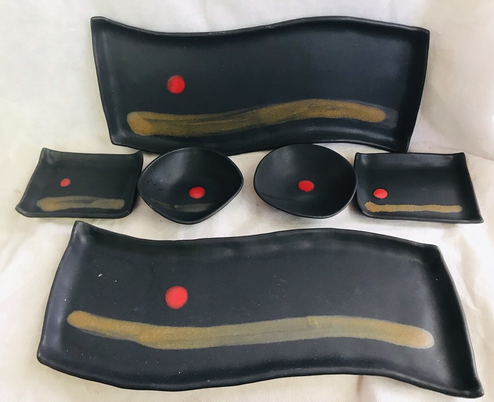 Studio Art Pottery Signed Robb 2 Sushi Serving Sets Bowls Tray