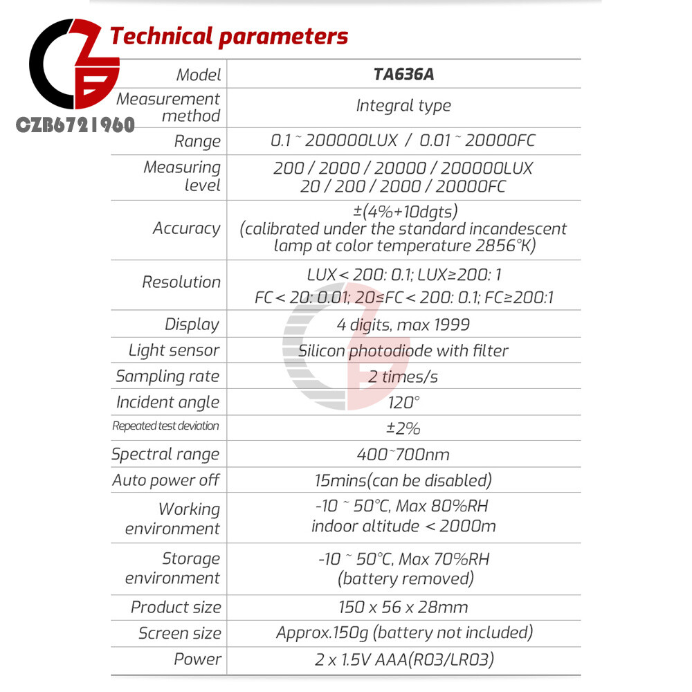 TA636A Digital Light Meter Illuminance Lux Meter Illuminometer Handheld Ambient