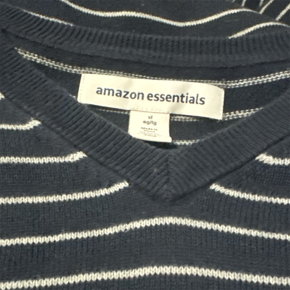 Amazon Essentials Men's Navy Blue White Striped V-Neck Pullover XL
