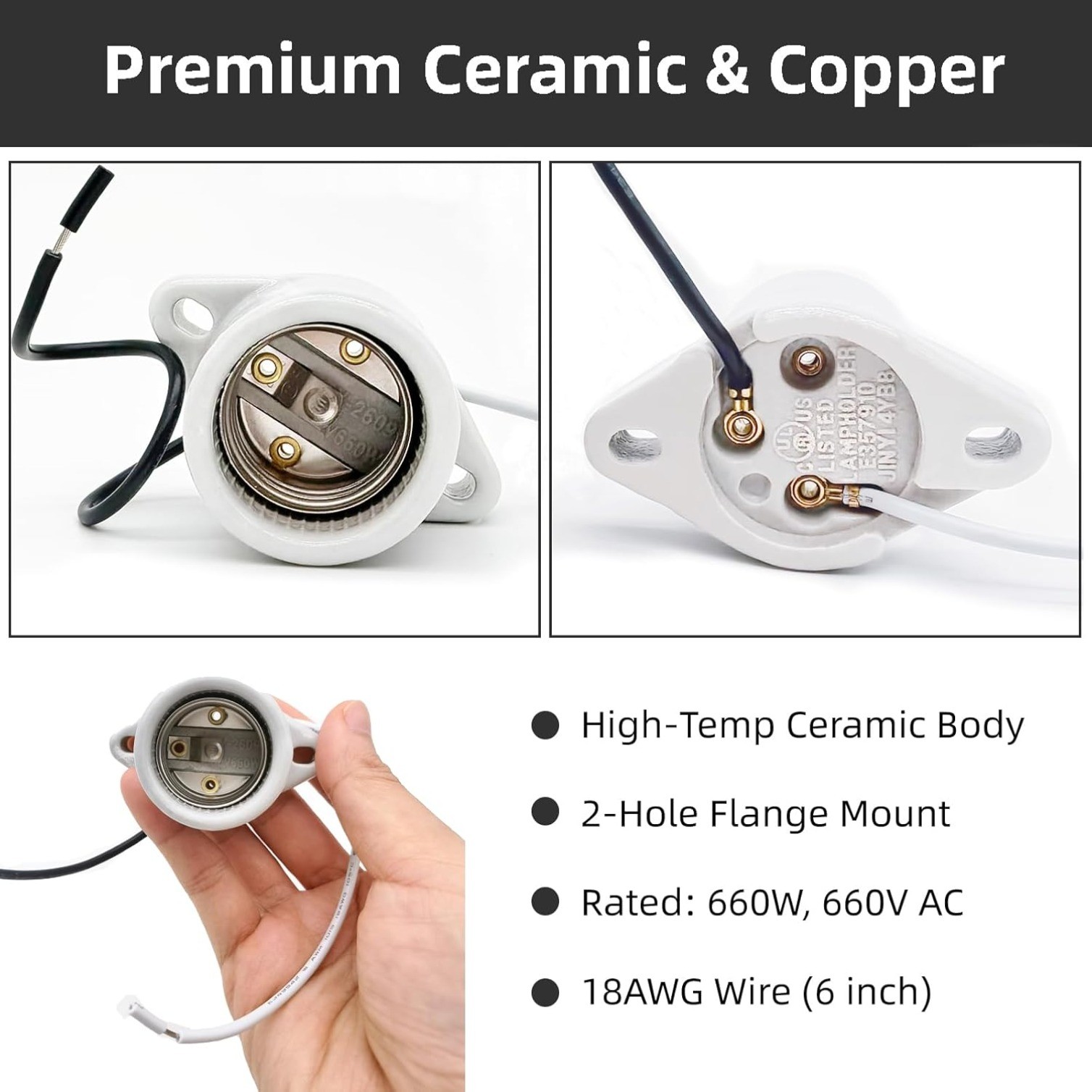 4-Pack E26 Ceramic Light Sockets, 600V 660W Lamp Holder & 6" 18AWG Wire