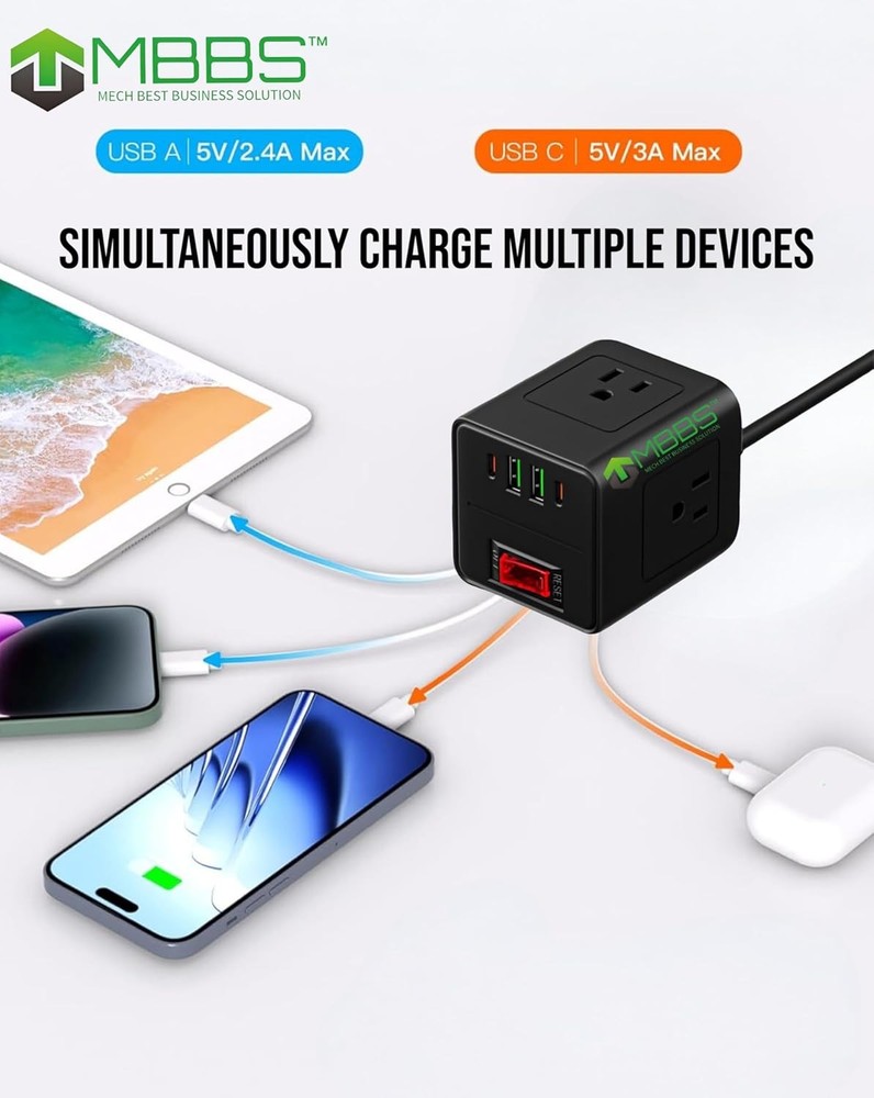 2 Pack Power Cube Surge Protector with 3 AC Outlets & 4 USB Ports