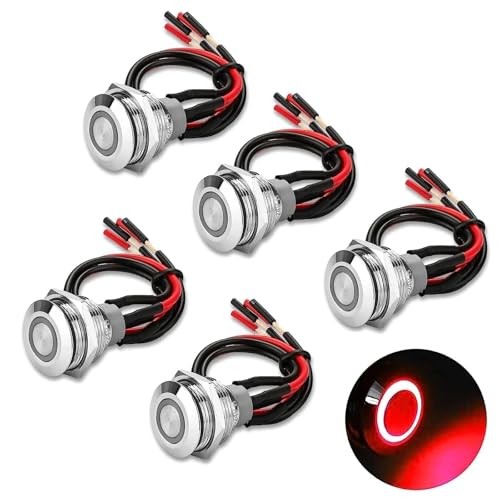 19mm Latching Push Button Switch, 12V Metal Self Locking SPST ON 19mm Wire Red